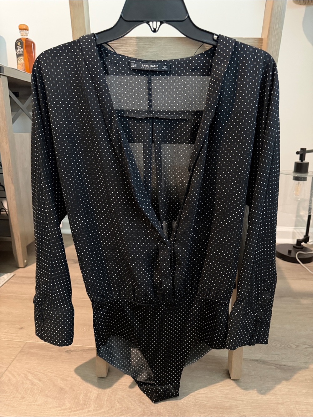 Zara Black Polka Dot V-Neck Long-Sleeve Bodysuit